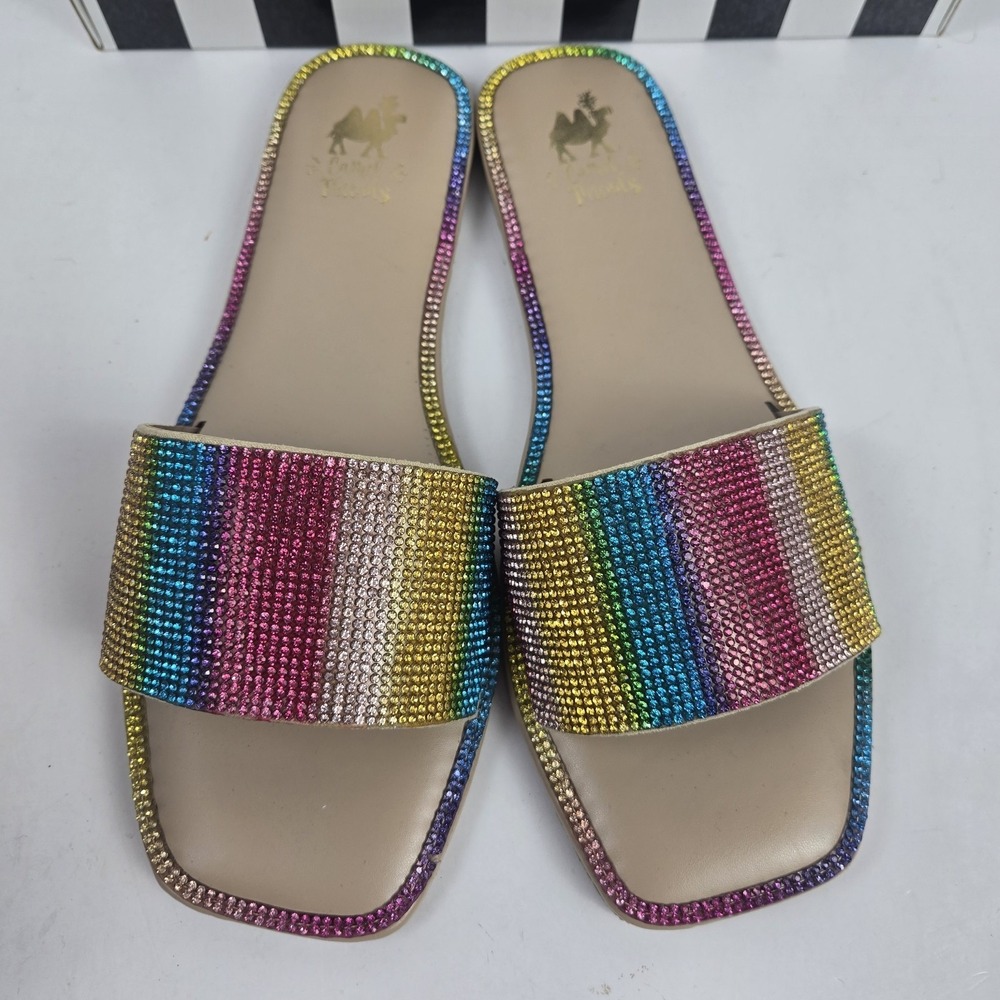 Camel Threads XO Cosmo Striped Rhinestone Slides Open Toe Flats Womens 9 NIB $48